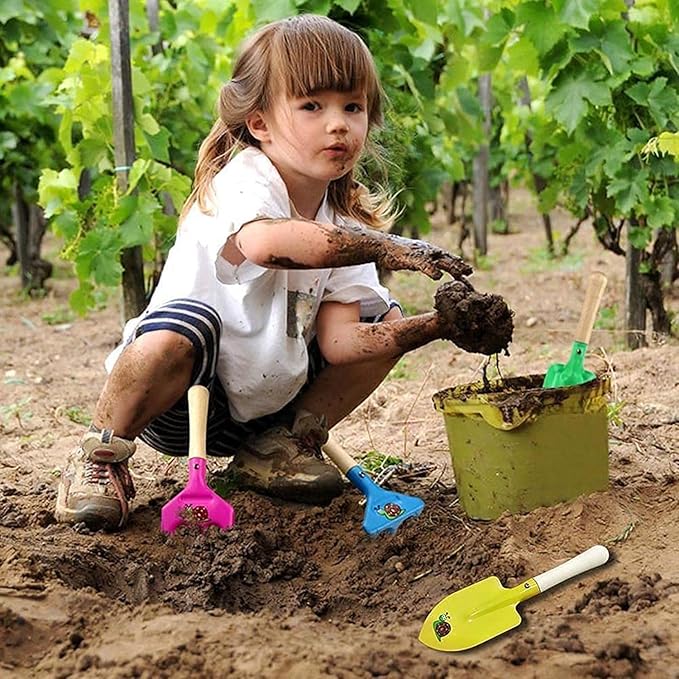 Kids Gardening Tools Set, 5PCS Gardening Tools for Kids Metal with Sturdy Wooden Handle Safe Gardening Tools 8" Children Beach Sandbox Toy