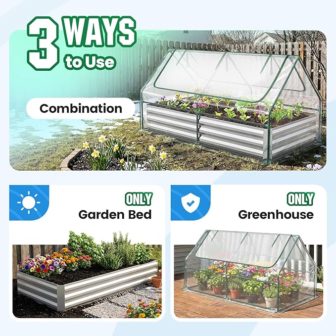 Quictent Raised Garden Bed with Cover Outdoor Galvanized Metal Planter Box Kit, w/ 2 Large Screen Windows Mini Greenhouse 20pcs T Tags 1 Pair of Gloves Included for Growing Vegetables 6x3x1ft (Clear)