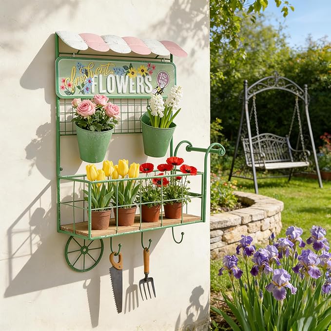Vintage Wall-Mounted Flower Cart Organizer - Rustic Green Metal & Wood Hanging Planter with 2 Bucket Planters for Indoor/Outdoor Garden, Kitchen, Patio Decor