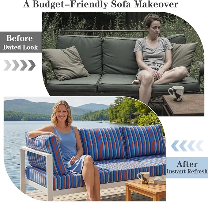 8 Pack Outdoor Cushion Covers Water Resistant High Stretch Fit Patio Cushion Covers 180g Couch Seat Slipcovers Machine Washable Pet & Kids Friendly Home Refresh 20-27 Inch, Teal Stripe
