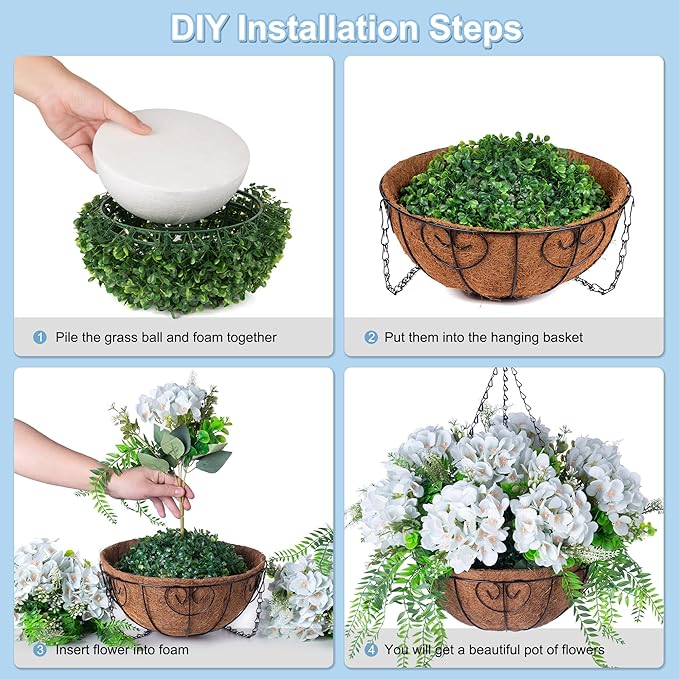 Ammyoo Artificial Flowers in Hanging Basket Planter for Home Spring Summer Decoration, Silk Hydrangea Outdoor Indoor Arrangements, 12" Metal Coconut Lining Basket with Faux Plant(Light Green)