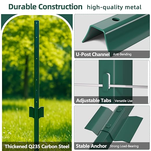 Metal Fence Post 4feet, Heavy Duty Garden Fence Post for Holding Wire Fence, Sign U Post Pack of 10 Sturdy Outdoor No Dig Fence Post for Garden Yard – Green