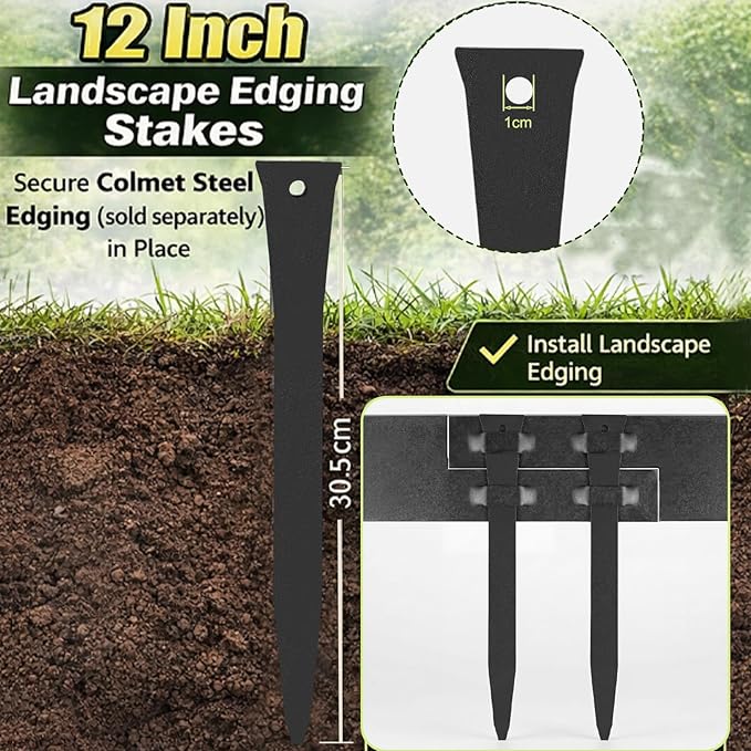 10 Pcs 12 Inch Metal Landscape Edging Stakes Galvanized Steel Garden Stakes Landscape Anchoring Spikes for Outdoor Terrace Grass Board Barrier Edging Coil Barrier Garden Lawn (Black)