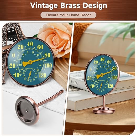 4 Inch Outdoor Thermometer and Humidity Gauge, Analog Brass Thermometer Hygrometer Combo with Large Blue-Green Dial, Fahrenheit/Celsius, Waterproof for Patio, Garden, Indoor Wall or Desk with Stand