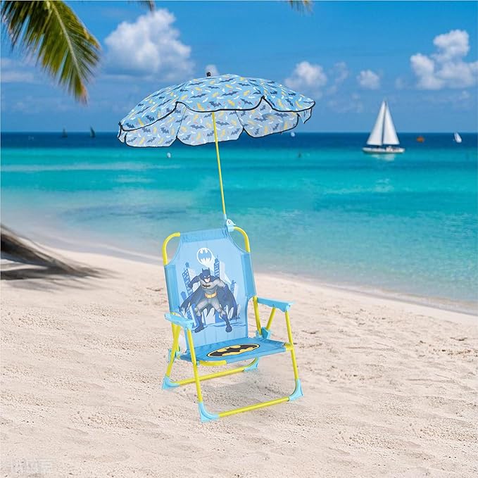Batman Kids Outdoor Folding Beach Chair with Umbrella,Portable Camp Chair for Ages 3+, Lightweight & Compact for Beach, Camping, and Backyard