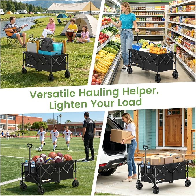 Blomoba Collapsible Wagon Cart, 330LBS Heavy Duty Folding Cart with Wheels 360° Rotation, Built-in Brakes, Flexible Handle, Portable Utility Wagon for Grocery Sports Garden Shopping Camping