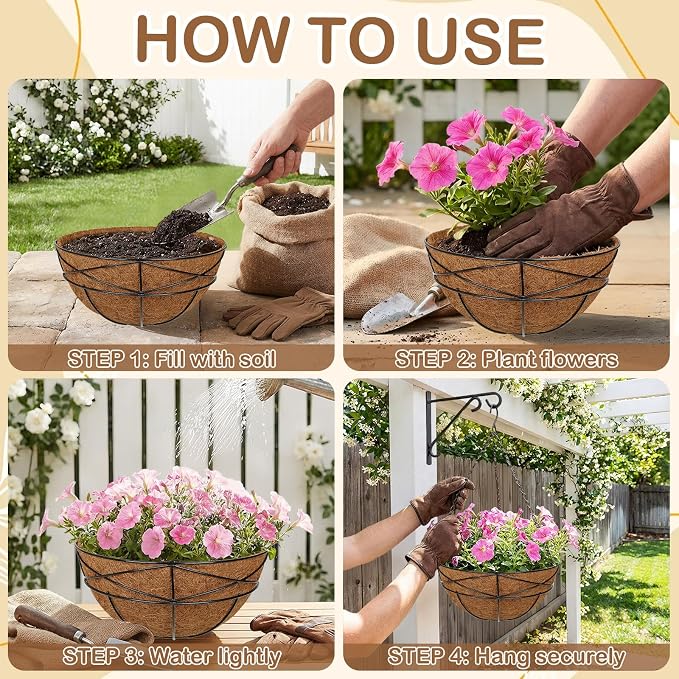 2 Pack 12 inch Metal Hanging Baskets for Plants Outdoor Metal Wire Hanging Basket Planter with Coco Fiber Liners Flower Pots for Home Porch Garden Patio, Diamond-Shaped