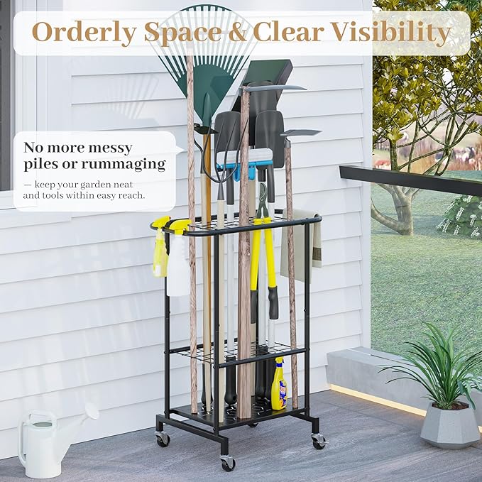 Garden Tool Organizer with Wheels, Heavy Duty Metal Garage Tool Storage Rack, Yard Tool Holder for Long-Handled Tools, Rakes and Brooms, Indoor and Outdoor Use for Shed, Patio