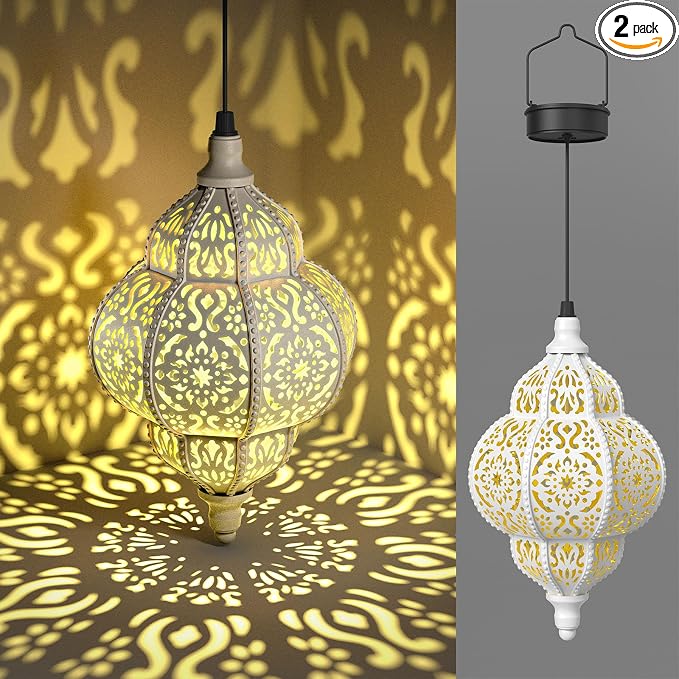 Hapjoy Hanging Solar Lights Outdoor Garden Decor Solar Lantern Waterproof Plastic Moroccan Outdoor Decorations for Patio Pathway Yard Backyard Garden Decorative (2, White)