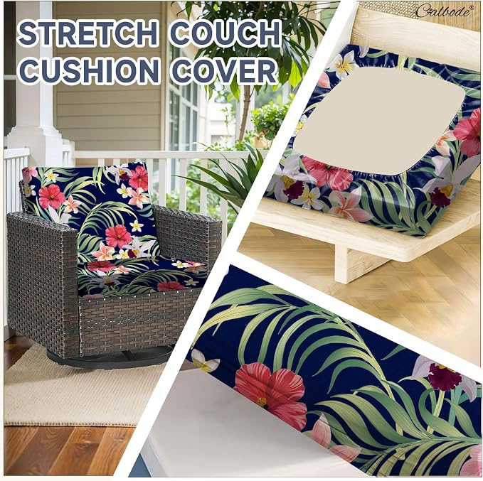 CALBODE 8 Pcs Stretch Outdoor Seat Cushion Covers, Washable Chair Seat Cover for Patio Furniture Cushions Soft Indoor and Outdoor Couch Cover Replacement (Tropical Floral,Black, Cover Only)