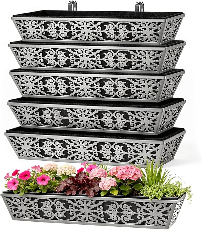 6 Pack 30 Inch Window Boxes Planter for Outdoor Plants Deck Railing Planters Box with Adjustable Brackets for Porch Fence Balcony Hanging Flower Baskets with Non-Woven Fabric Liner for Garden Décor