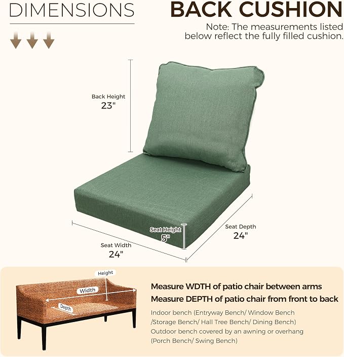 Art Leon Waterproof Outdoor Seat Cushion 24"x 24" 30D High Density Foam Patio Chair Cushions with Non-Slip Backing Patio Cushions for Patio Furniture Porch Swing Garden Bench Camping Stadium Green