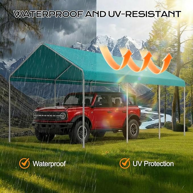COWVIE 10 x 20 FT Carport Canopy Replacement Cover, with 46Pcs Long Ball Bungees, Waterproof Garage Top Tent Shelter Tarp, Only Top Cover