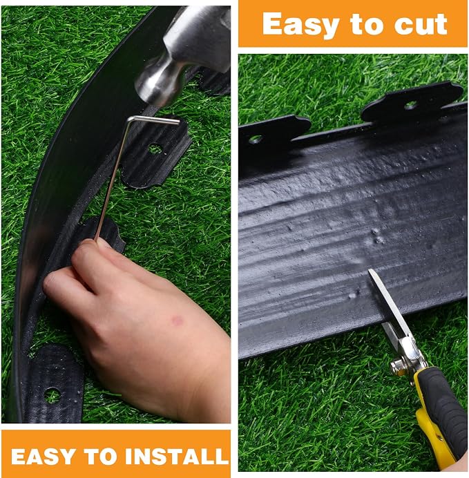 FoldTier 6 Inch Tall 33 ft Length No Dig Landscape Plastic Edging Kit with Hammer Spikes Plastic Garden Flower Bed Edging Landscape Edging Border for Gardens Border Lawn Grass Yard(Black)