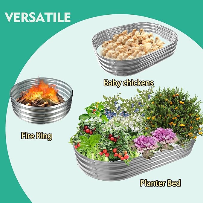 YSEJOMP 6X3X1 FT Oval Galvanized Metal Garden Raised Bed/Plant Box for Planting,36 Inches Diameter Iron Fire Pit Ring,Small Animal Fence-3 in 1 Modular Design in Black (Silver, 72X36X11.5 Inches)