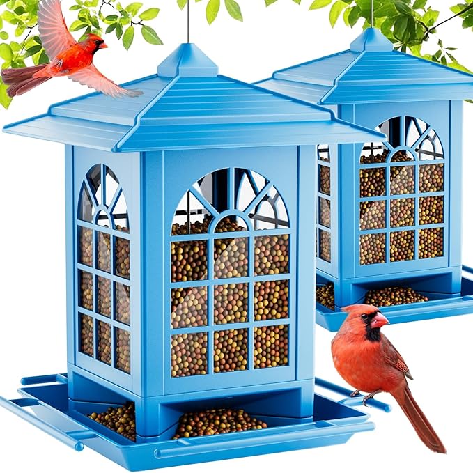 Birdream 2 Pack Bird Feeders for Outdoor Hanging, Assembly Required, 1-Min Easy Setup, Classic Courtyard Design, Attracting Cardinals Chickadees Goldfinches & Sparrows - Blue
