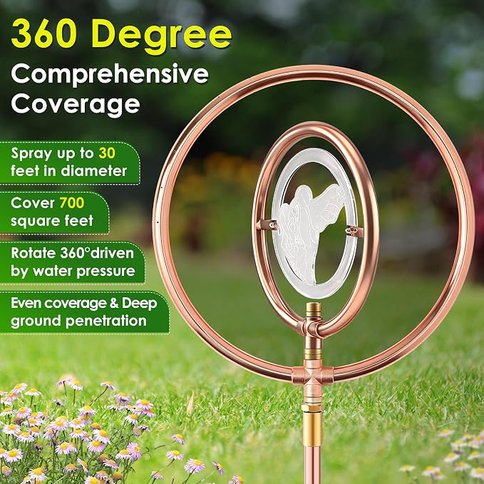 34" H Copper Coated Stainless Steel Ornamental Sprinkler, Corrosion Resistant Garden Rotating Sprinkler 360 Degree Shape Decorative for Lawn Garden Landscape(Double Ring Clear Bird)