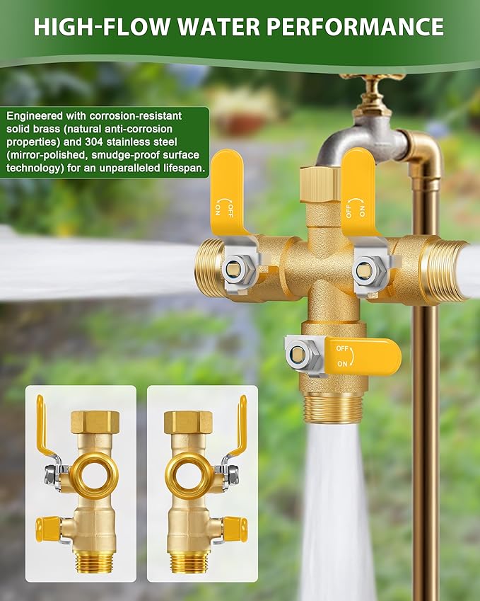 Garden Hose Splitter, 3 Way Heavy Duty Brass hose splitter, Water Hose Bib Spigot Splitter with 0.59" Full Flow Ball Valve Outlet & Shut-Off Valve 3/4'' Connector Outdoor Water Faucet Adapter (Yellow)