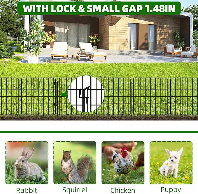 5 Panels Garden Fencing Animal Barrier with Lock, 24 in(H) X 10 Ft(L) Dog Fence Outdoor for Yard Rustproof No Dig Decorative Tall Garden Fence Metal Wire Panel Border Rabbit Ground Stakes Fencing