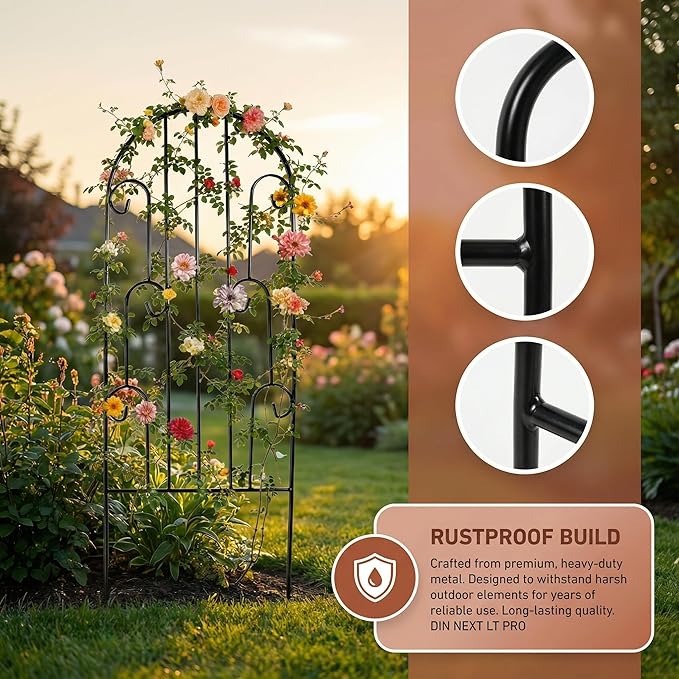 SCENDOR 2 Pack Arched Metal Garden Trellis for Climbing Plants 45" H x 15.9" W – Rustproof Iron Trellis with Decorative Scrollwork, Perfect for Roses, Clematis, Vines, and Patio Decor