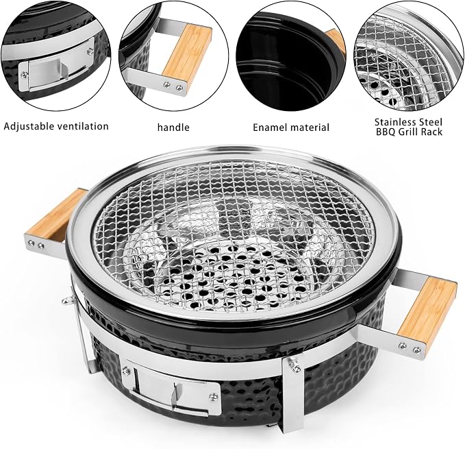 ONLYFIRE GRILLS Ceramic Hibachi Charcoal Grill with Grid Lifter, 14" Portable BBQ Yakitori Grill with Stainless Steel Grate for Outdoor Patio Backyard Barbecue Cooking, GS305
