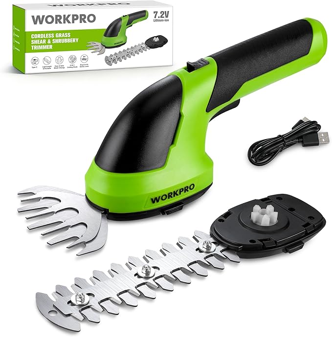 WORKPRO Cordless Grass Shear & Shrubbery Trimmer - 2 in 1 Handheld 7.2V Electric Grass Trimmer Hedge Shears/Grass Cutter Rechargeable Lithium-Ion Battery and Type-C Cable Included