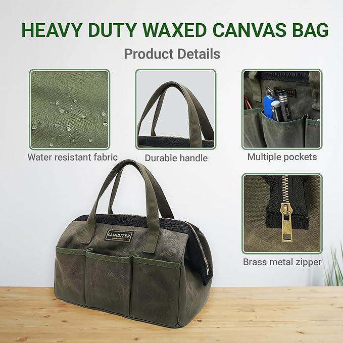 13-inch Tool Bag, Heavy Duty Wide Mouth Water-Resistant Tool Bag, Tool Tote with Handle for Tools, Wrenches, Screwdrivers (13 X 7 X 9 inch) | ArmyGreen