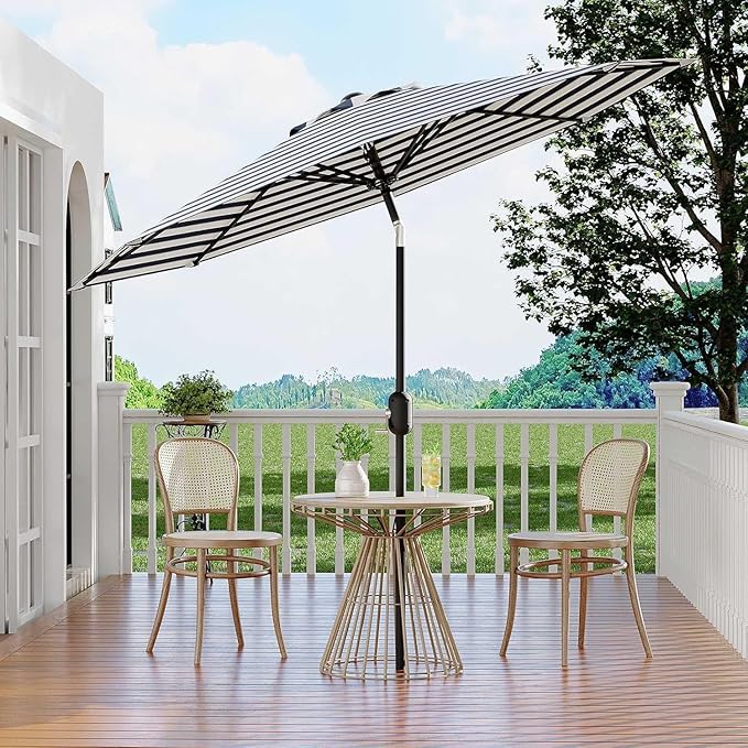 Garvee 9 ft Patio Umbrella - 8 Sturdy Ribs Outdoor Table Umbrella with Crank Lift & Push Button Tilt - Market Umbrella for Pool, Deck, Yard, Garden -Navy blue & White Stripe