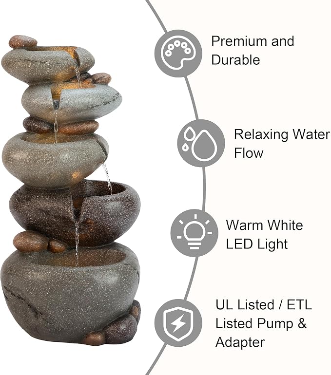 Glitzhome Water Fountain Outdoor, 5-Tiered Stacked Pebbles Outdoor Fountain with LED Lights and Pump, 24.5" H Zen Style Polyresin Waterfall Fountain Water Feature for Garden, Yard, Patio, Porch Decor