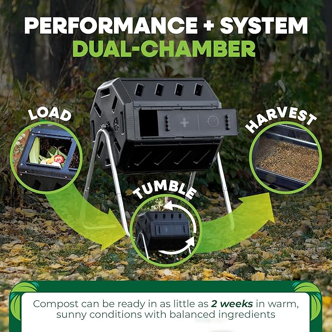 FCMP Outdoor IM4000 Dual Chamber Tumbling Composter Canadian-Made, 100% Recycled Resin - Outdoor Rotating Compost Tumbler Bin for Garden, Kitchen, and Yard Waste, Black (37 Gallon)
