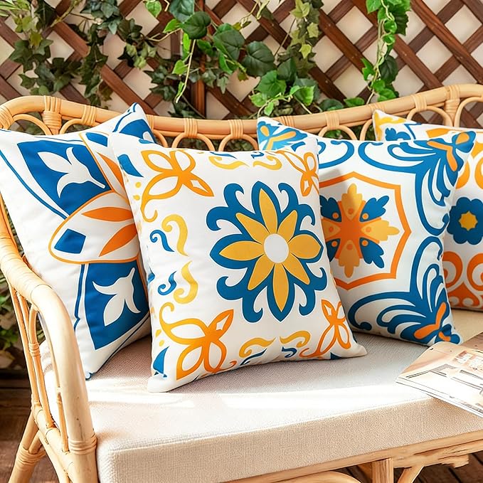 Pyonic Outdoor Pillow Covers 16x16 Spring Summer Garden Waterproof Throw Pillow Covers Cushion Case Patio Pillows for Couch Tent,Set of 4 Yellow and Blue