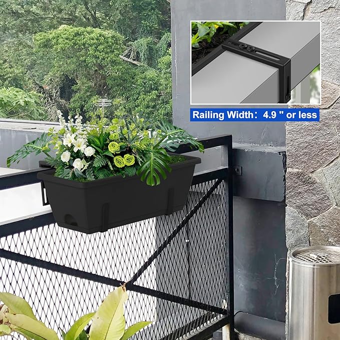 CADUKE Railing Planter Box 4 Pack Window Boxes Planter with Adjustable Brackets 16.9 Inches Deck Railing Hanging Flower Boxes Black Balcony Planters Fence Hanging Planters for Outdoor