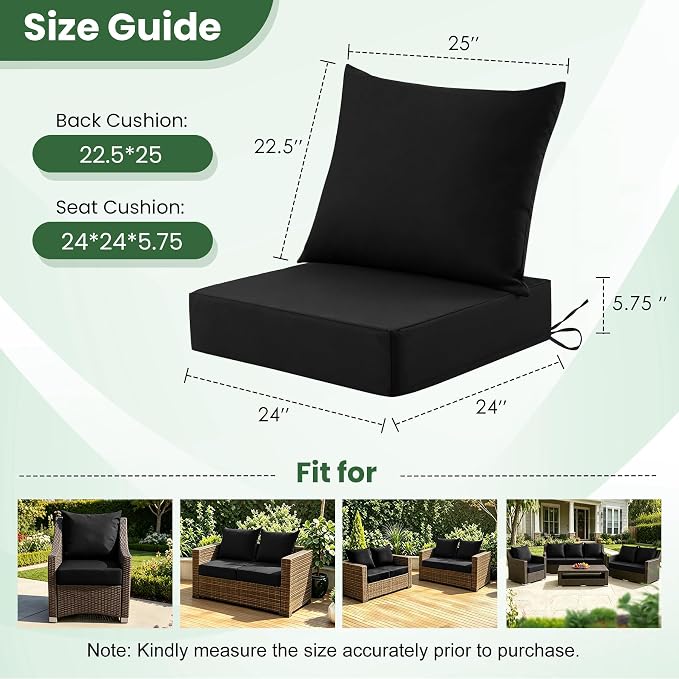 Patio Cushions for Outdoor Furniture, 24x24 Outdoor Couch Cushions, Waterproof & Fade-Resistant Patio Chair Cushions with Removable Cover, Replacement Outdoor Deep Seat Cushion, Black (Set of 1)