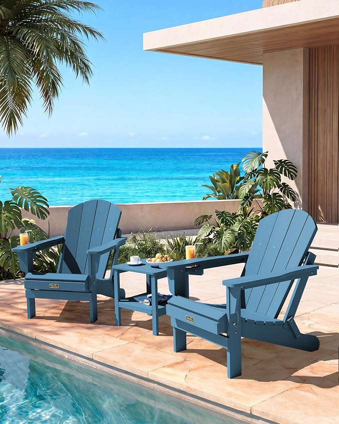 SERWALL Folding Adirondack Chair with Cup Holder Set of 6, Weather Resistant HIPS Lawn Chairs, Wooden Textured, Fire Pit Chairs for Backyard, Garden - Blue