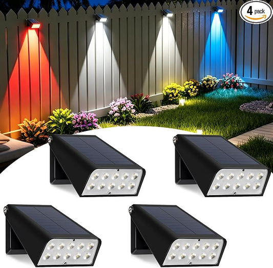 EMANER Solar Deck Lights, RGBW LED Fence Lights with Lens, 3000mAh Up to 20Hrs Runtime Stay On All Night, Wall Lights Dusk to Dawn| Father's Day 4th of July Patio Yard Garden Decor Gifts (4Pack)