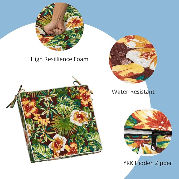 COZYVIDA Outdoor Chair Cushions Set of 4, 20"x20" Square Seat Pads with Tie Straps and YKK Zippers, 30D High-Density Foam, Water-Resistant Fabric,UV-Resistant 1000+ Hrs