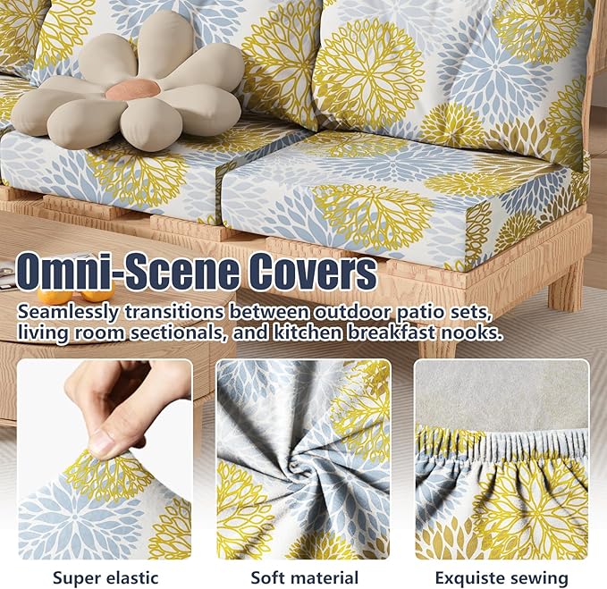 14Pcs Patio Stretch Cushion Covers, Outdoor Couch & Sofa Replacement Slipcovers for Patio Furniture Cushion Covers, Washable Reusable Furniture Protector, Square Large, Floral