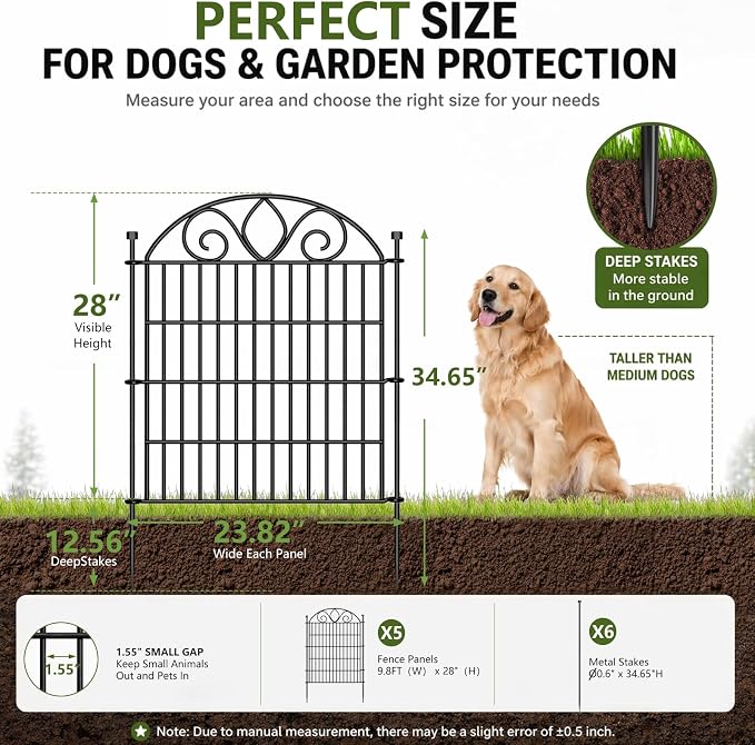 5 Panels No Dig Decorative Garden Fence with Gate – 28" H X 9.8' L Rustproof Metal Dog Fence Outdoor for Yard, Animal Barrier Fence for Pet, Garden Border, Patio, Flower | Temporary Fencing