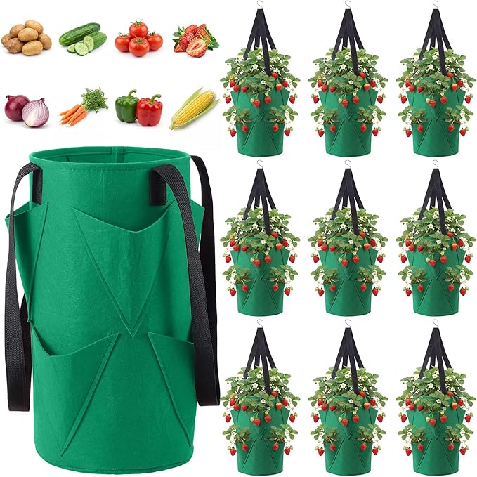 SATINIOR 10 Pack Upside Down Strawberry Planter Set Hanging Vegetables Grow Bags with 10 S Hooks, 3 Gallon Fabric Planting Bags for Easy Vertical Gardening(Deep Green)