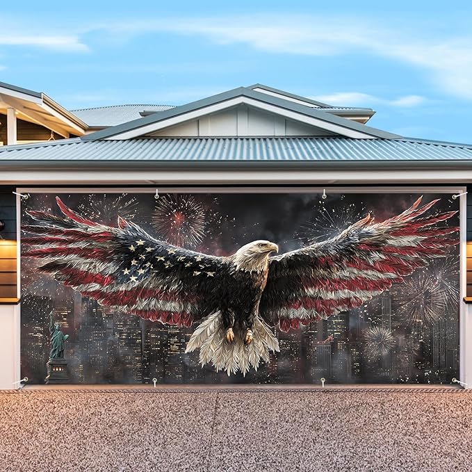 6 * 13FT Eagle flag Garage Door Cover Decorations Independence Day Garage Door Banner for Outdoor Indoor Patriot Party Photography Backdrop