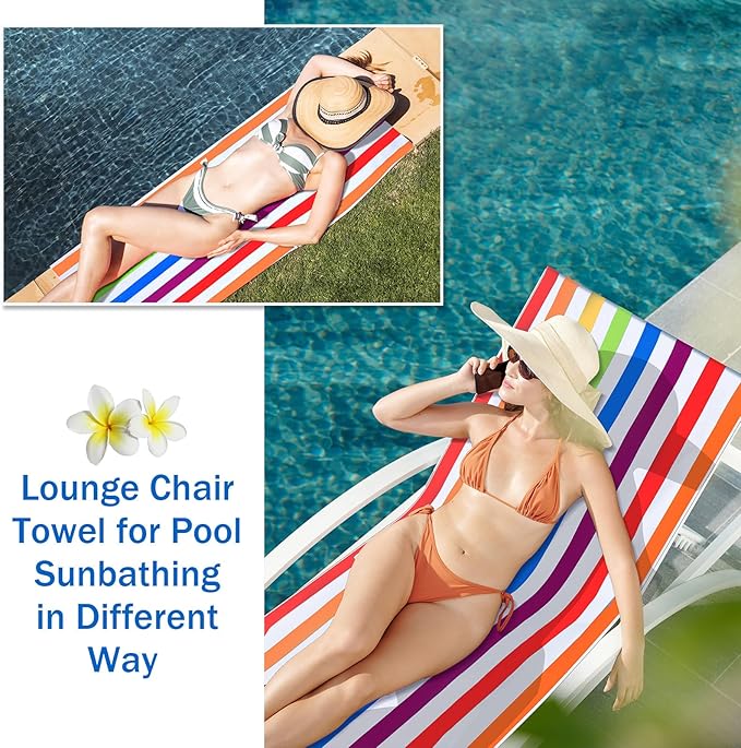 Fumete 2 Pack Lounge Chair Covers 30 x 85 Inch Pool Chaise Lounge Towels Microfiber Beach Chair Towel Portable Striped Outdoor Patio Furniture Cover for Sunbathing Picnic Spa(Rainbow)