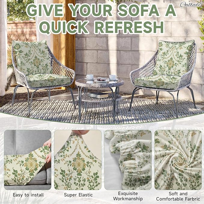 CALBODE 14 Pcs Stretch Outdoor Seat Cushion Covers, Washable Chair Seat Cover for Patio Furniture Cushions Soft Indoor and Outdoor Couch Cover Replacement (Green Vines, Cover Only)