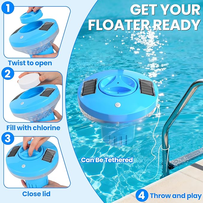 ChlorBlu Solar Chlorine Floater,Chlorine Floater with Colorful Lights,Large Capacity Floating Chlorine Dispenser for Pool,7.6" Pool Chlorine Floater,Button Control Chlorine Floater for Hot Tub(Blue)
