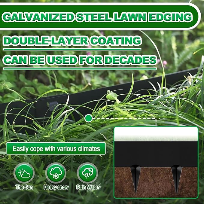 20Ft Galvanized Steel Metal Landscape Edging (6-Pack), 40" x 8" Metal Edging for Landscaping, Hammer-in Garden Edging for Yard, Pathways, Tree Rings - Flexible Black Corrosion Resistant Lawn Edging