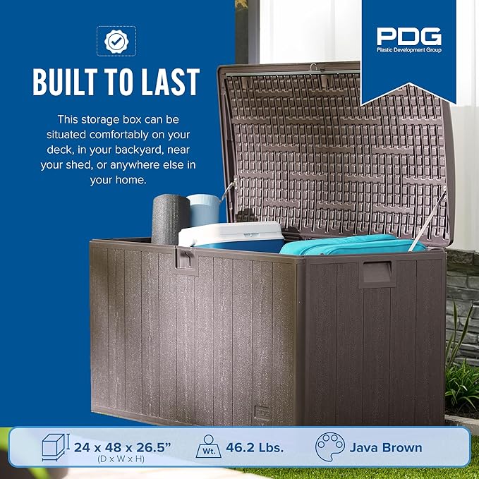Plastic Development Group Outdoor Storage Deck Box, Soft Closure, 105 Gallon, Java