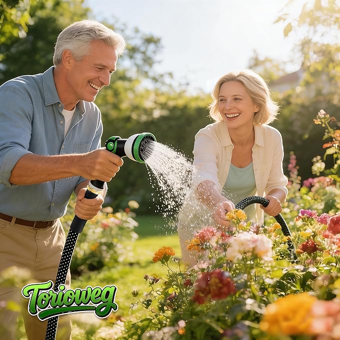 100ft Lightweight Non-Expandable Garden Hose with 10-Pattern Nozzle - Anti-Kink, Durable Triple-Layer Construction, Flexible All-Weather Hose for Watering, Car Wash, Pet Bathing