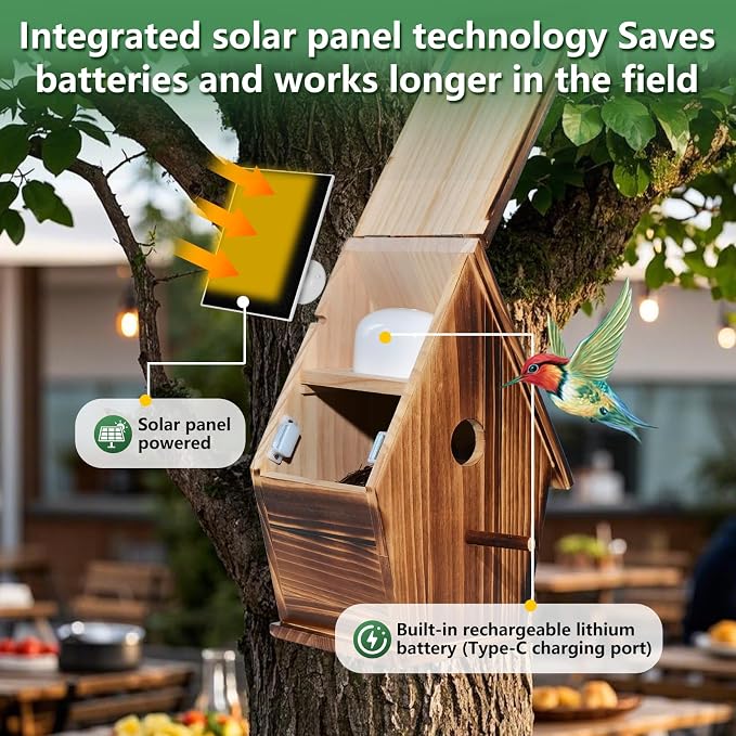 Solar Powered Smart Birdhouse with Camera, 1080P Bird Box with Night Vision for Outside, Auto Capture Bird Video, Motion Detection & 2.4G WiFi App for Bird Activity Monitoring