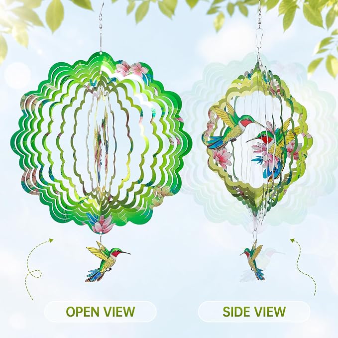 Hummingbird Wind Spinners Outdoor Decor, IDEA SHOW 12 in 3D Kinetic Stainless Steel Hanging Wind Spinner Sculpture with Pendant, Rustproof Metal Yard Art Garden Decorations, Unique Gifts for Women Mom