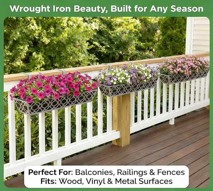 Y&M 30'' Metal Railing Planter Box Set with Black Non-Woven Fabric Liner, Flower Boxes with Adjustable Brackets, 2 Pcs Large Hanging Window Boxes for Fence, Deck, Balcony, and Garden - Gray
