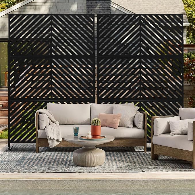 Casaphoria 72" H x 47" W Metal Outdoor Privacy Screen, Freestanding Decorative Divider for Patio, Deck, Balcony, and Garden with Stable Base, Black Parallel